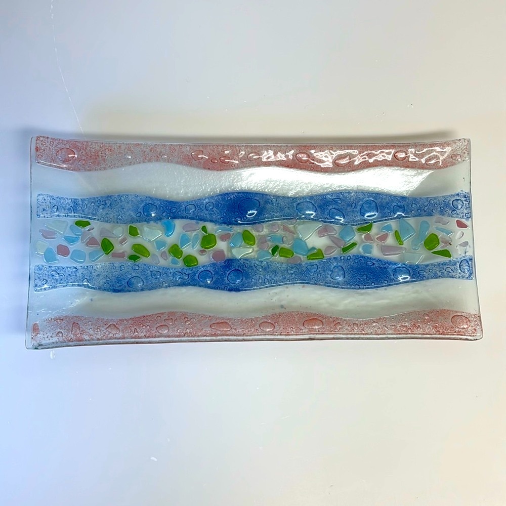 Multicolor Rectangular Textured Bent Fused GLASS Serving Trinket Decorative TRAY